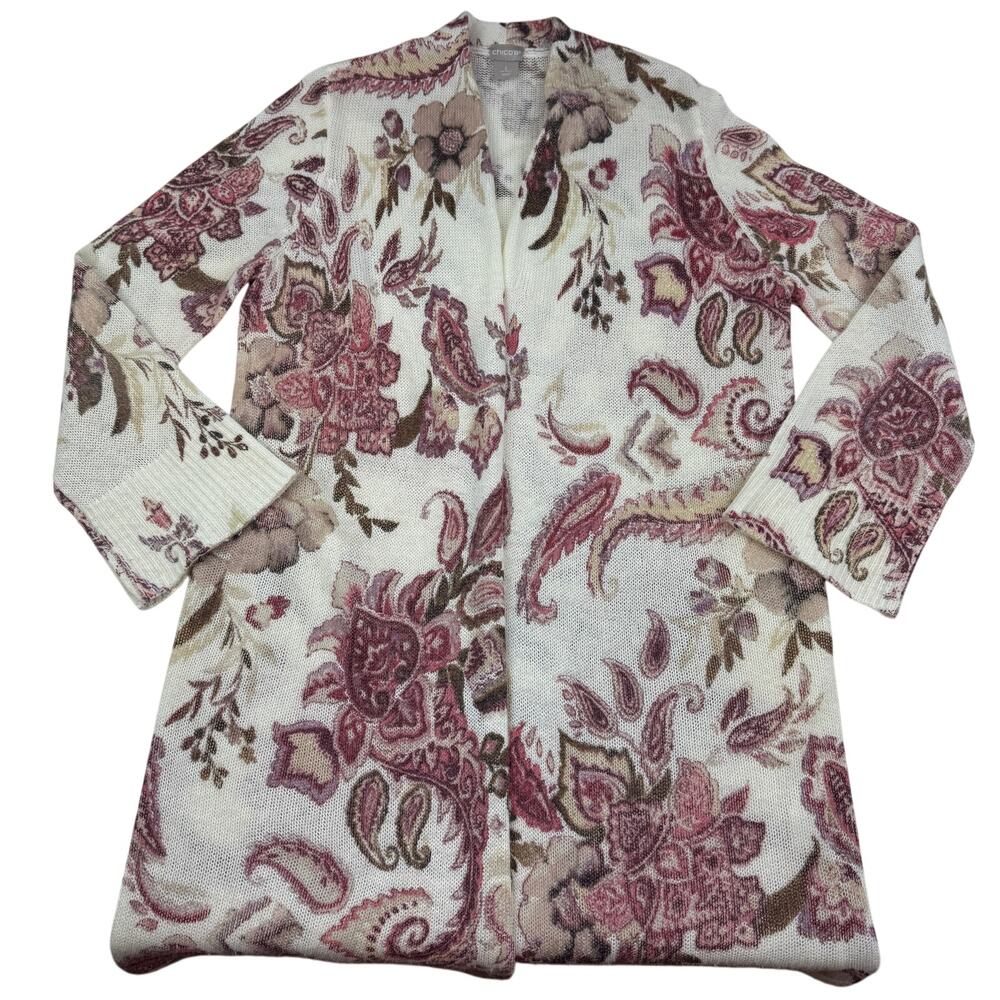 Chico's Boho Soft Floral Paisley Open Front Long Line Cardigan Women's Size 2/L